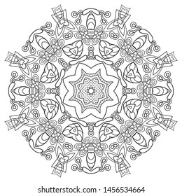 Mandala isolated design element, geometric line pattern. Stylized floral round ornament. Zen doodle art, monochrome sketch for coloring book page, textile fabric print. Black and white illustration