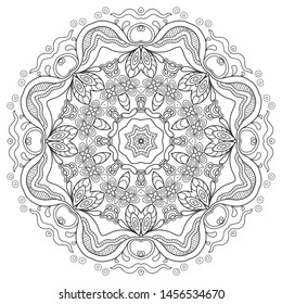 Mandala isolated design element, geometric line pattern. Stylized floral round ornament. Zen doodle art, monochrome sketch for coloring book page, textile fabric print. Black and white illustration