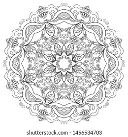 Mandala isolated design element, geometric line pattern. Stylized floral round ornament. Zen doodle art, monochrome sketch for coloring book page, textile fabric print. Black and white illustration