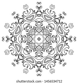 Mandala isolated design element, geometric line pattern. Stylized floral round ornament. Zen doodle art, monochrome sketch for coloring book page, textile fabric print. Black and white illustration
