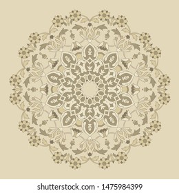 Mandala isolated design element, geometric line pattern. Stylized floral round ornament. Zen doodle art, monochrome sketch for coloring book page, textile fabric print