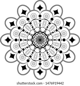 Mandala isolated design element, geometric line pattern. Stylized floral round ornament. Modern art, monochrome sketch for coloring book page, textile fabric print. Black and white illustration 