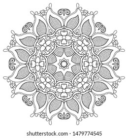 Mandala isolated design element, geometric line pattern. Stylized floral round ornament. Zen doodle art, monochrome sketch for coloring book page, textile fabric print. Black and white illustration