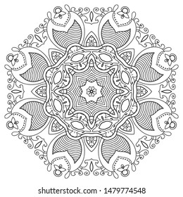 Mandala isolated design element, geometric line pattern. Stylized floral round ornament. Zen doodle art, monochrome sketch for coloring book page, textile fabric print. Black and white illustration