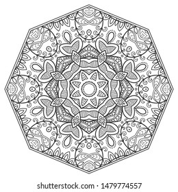 Mandala isolated design element, geometric line pattern. Stylized floral round ornament. Zen doodle art, monochrome sketch for coloring book page, textile fabric print. Black and white illustration