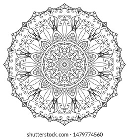 Mandala isolated design element, geometric line pattern. Stylized floral round ornament. Zen doodle art, monochrome sketch for coloring book page, textile fabric print. Black and white illustration