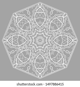 Mandala isolated design element, geometric line pattern. Stylized floral round ornament. Doodle art for textile fabric or paper print. Hand drawn vector illustration