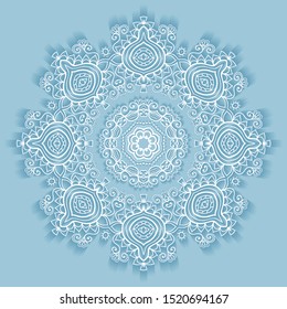 Mandala isolated design element, geometric line pattern. Stylized floral round ornament. Doodle art for textile fabric or paper print. Lace background. Hand drawn vector illustration