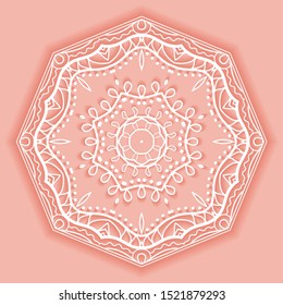 Mandala isolated design element, geometric line pattern. Stylized floral round ornament. Doodle art for textile fabric or paper print. Lace background. Hand drawn vector illustration