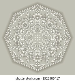 Mandala isolated design element, geometric line pattern. Stylized floral round ornament. Doodle art for textile fabric or paper print. Lace background. Hand drawn vector illustration