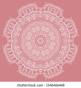 Mandala isolated design element, geometric line pattern. Stylized floral round ornament. Doodle art for textile fabric or paper print. Lace background. Hand drawn vector illustration