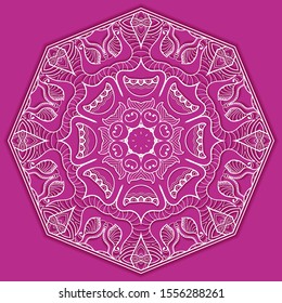 Mandala isolated design element, geometric line pattern. Stylized floral round ornament. Doodle art for textile fabric or paper print. Lace background. Hand drawn vector illustration