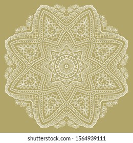 Mandala isolated design element, geometric line pattern. Stylized floral round ornament. Doodle art for textile fabric or paper print. Lace background. Hand drawn vector illustration