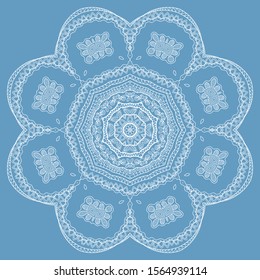 Mandala isolated design element, geometric line pattern. Stylized floral round ornament. Doodle art for textile fabric or paper print. Lace background. Hand drawn vector illustration