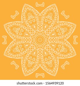 Mandala isolated design element, geometric line pattern. Stylized floral round ornament. Doodle art for textile fabric or paper print. Lace background. Hand drawn vector illustration