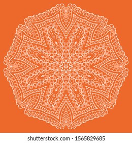 Mandala isolated design element, geometric line pattern. Stylized floral round ornament. Doodle art for textile fabric or paper print. Lace background. Hand drawn vector illustration