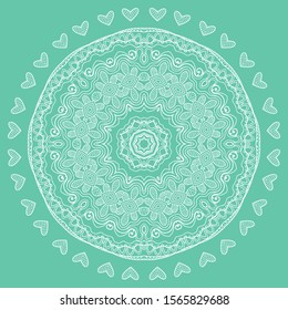 Mandala isolated design element, geometric line pattern. Stylized floral round ornament. Doodle art for textile fabric or paper print. Lace background. Hand drawn vector illustration