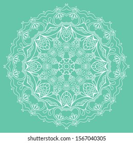 Mandala isolated design element, geometric line pattern. Stylized floral round ornament. Doodle art for textile fabric or paper print. Lace background. Hand drawn vector illustration