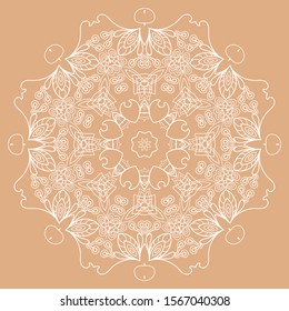 Mandala isolated design element, geometric line pattern. Stylized floral round ornament. Doodle art for textile fabric or paper print. Lace background. Hand drawn vector illustration