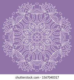 Mandala isolated design element, geometric line pattern. Stylized floral round ornament. Doodle art for textile fabric or paper print. Lace background. Hand drawn vector illustration