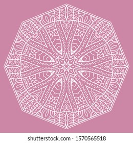 Mandala isolated design element, geometric line pattern. Stylized floral round ornament. Doodle art for textile fabric or paper print. Lace background. Hand drawn vector illustration