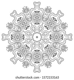 Mandala isolated design element, geometric line pattern. Stylized floral round ornament. Zen doodle art, monochrome sketch for coloring book page, textile fabric print. Black and white illustration