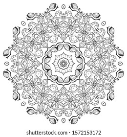 Mandala isolated design element, geometric line pattern. Stylized floral round ornament. Zen doodle art, monochrome sketch for coloring book page, textile fabric print. Black and white illustration