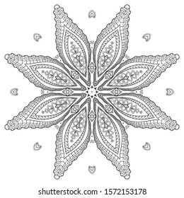 Mandala isolated design element, geometric line pattern. Stylized floral round ornament. Zen doodle art, monochrome sketch for coloring book page, textile fabric print. Black and white illustration