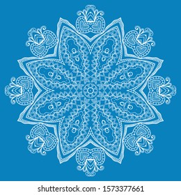 Mandala isolated design element, geometric line pattern. Stylized floral round ornament. Doodle art for textile fabric or paper print. Lace background. Hand drawn vector illustration