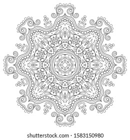 Mandala isolated design element, geometric line pattern. Stylized floral round ornament. Zen doodle art, monochrome sketch for coloring book page, textile fabric print. Black and white illustration