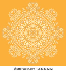 Mandala isolated design element, geometric line pattern. Stylized floral round ornament. Doodle art for textile fabric or paper print. Lace background. Hand drawn vector illustration