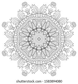 Mandala isolated design element, geometric line pattern. Stylized floral round ornament. Zen doodle art, monochrome sketch for coloring book page, textile fabric print. Black and white illustration