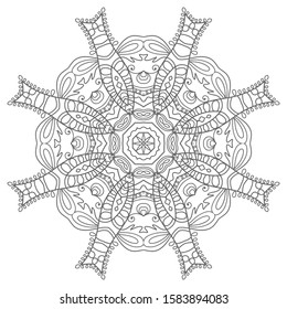 Mandala isolated design element, geometric line pattern. Stylized floral round ornament. Zen doodle art, monochrome sketch for coloring book page, textile fabric print. Black and white illustration