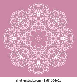 Mandala isolated design element, geometric line pattern. Stylized floral round ornament. Doodle art for textile fabric or paper print. Lace background. Hand drawn vector illustration