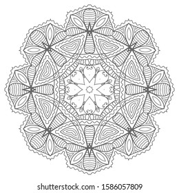 Mandala isolated design element, geometric line pattern. Stylized floral round ornament. Zen doodle art, monochrome sketch for coloring book page, textile fabric print. Black and white illustration