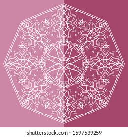 Mandala isolated design element, geometric line pattern. Stylized floral round ornament. Doodle art for textile fabric or paper print. Lace background. Hand drawn vector illustration