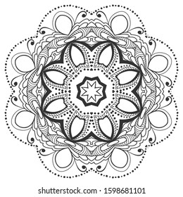 Mandala isolated design element, geometric line pattern. Stylized floral round ornament. Zen doodle art, monochrome sketch for coloring book page, textile fabric print. Black and white illustration