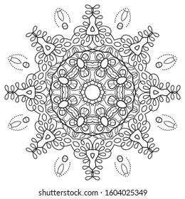 Mandala isolated design element, geometric line pattern. Stylized floral round ornament. Zen doodle art, monochrome sketch for coloring book page, textile fabric print. Black and white illustration