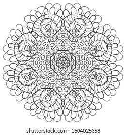 Mandala isolated design element, geometric line pattern. Stylized floral round ornament. Zen doodle art, monochrome sketch for coloring book page, textile fabric print. Black and white illustration