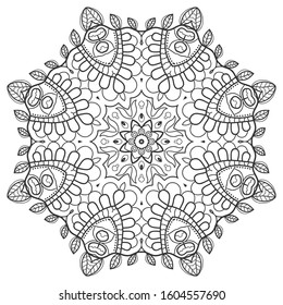 Mandala isolated design element, geometric line pattern. Stylized floral round ornament. Zen doodle art, monochrome sketch for coloring book page, textile fabric print. Black and white illustration