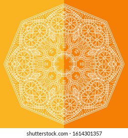 Mandala isolated design element, geometric line pattern. Stylized floral round ornament. Doodle art for textile fabric or paper print. Lace background. Hand drawn vector illustration