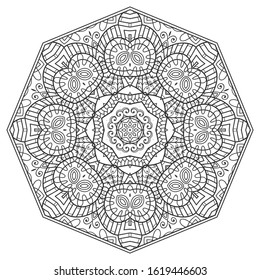 Mandala isolated design element, geometric line pattern. Stylized floral round ornament. Zen doodle art, monochrome sketch for coloring book page, textile fabric print. Black and white illustration