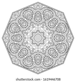 Mandala isolated design element, geometric line pattern. Stylized floral round ornament. Zen doodle art, monochrome sketch for coloring book page, textile fabric print. Black and white illustration