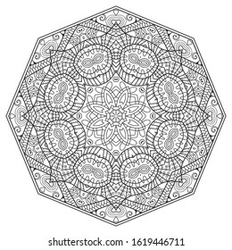 Mandala isolated design element, geometric line pattern. Stylized floral round ornament. Zen doodle art, monochrome sketch for coloring book page, textile fabric print. Black and white illustration