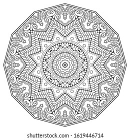 Mandala isolated design element, geometric line pattern. Stylized floral round ornament. Zen doodle art, monochrome sketch for coloring book page, textile fabric print. Black and white illustration