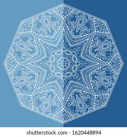 Mandala isolated design element, geometric line pattern. Stylized floral round ornament. Doodle art for textile fabric or paper print. Lace background. Hand drawn vector illustration