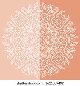 Mandala isolated design element, geometric line pattern. Stylized floral round ornament. Doodle art for textile fabric or paper print. Lace background. Hand drawn vector illustration