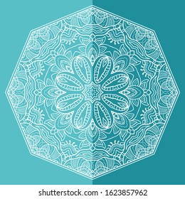 Mandala isolated design element, geometric line pattern. Stylized floral round ornament. Doodle art for textile fabric or paper print. Lace background. Hand drawn vector illustration