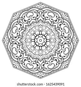 Mandala isolated design element, geometric line pattern. Stylized floral round ornament. Zen doodle art, monochrome sketch for coloring book page, textile fabric print. Black and white illustration