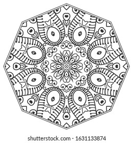 Mandala isolated design element, geometric line pattern. Stylized floral round ornament. Zen doodle art, monochrome sketch for coloring book page, textile fabric print. Black and white illustration